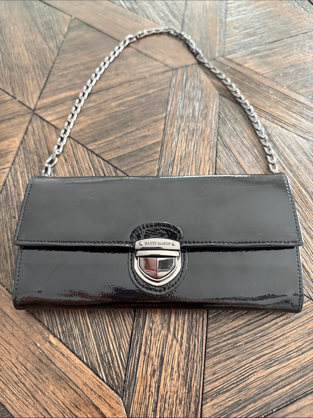 Harry Mason Black Patent Leather Wallet Clutch w/ Chain Strap NWOT